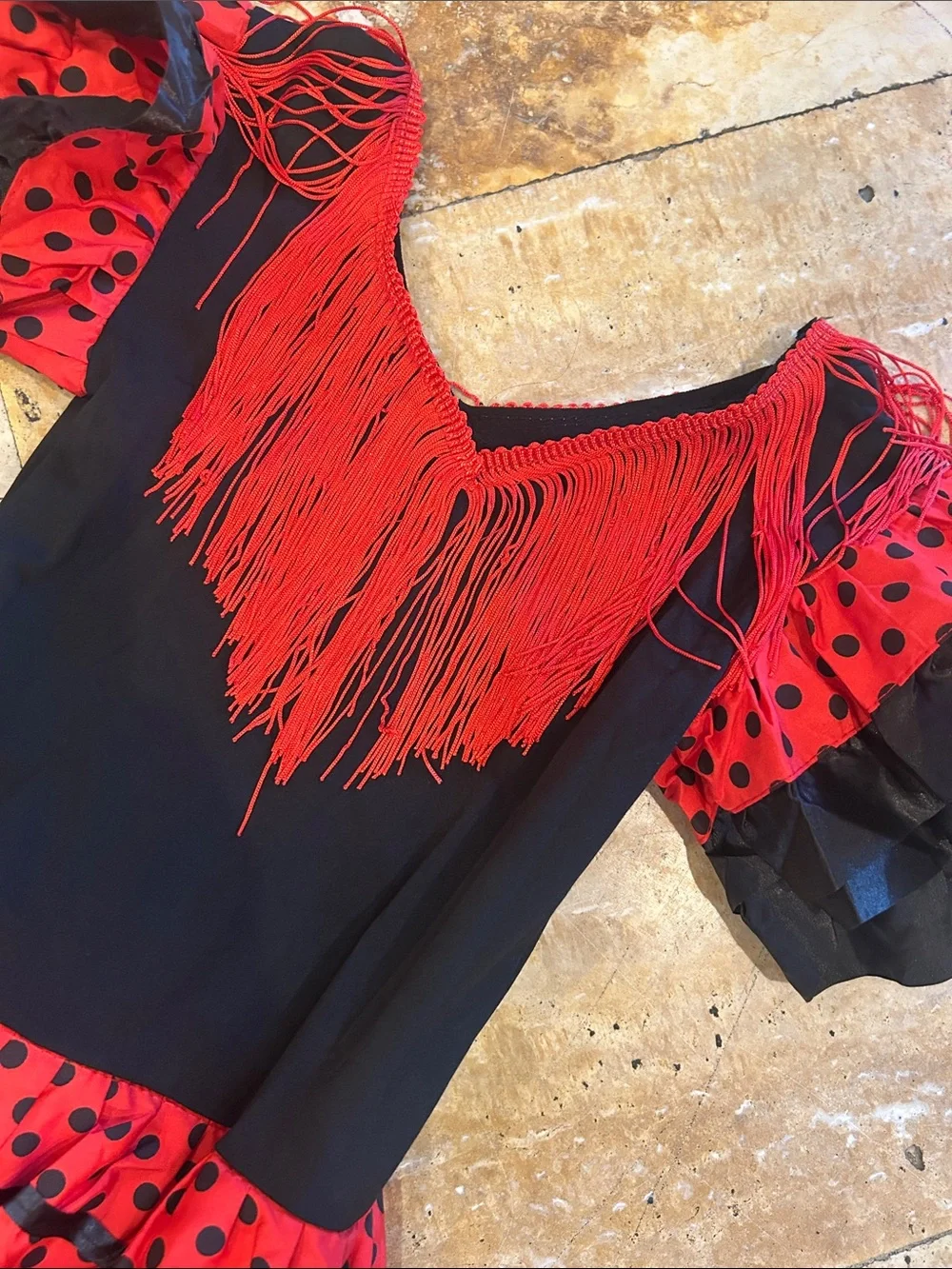 Girls Red and Black Flamenco Polka Dot Dance Costume size 7/8